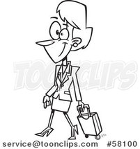 Cartoon Outline of Female Flight Attendant Walking with a Rolling Suitcase by Toonaday
