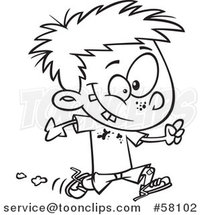 Cartoon Outline of Boy Running with Splatters on His Shirt by Toonaday