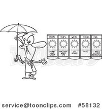 Cartoon Outline of Weather Guy Presenting a Forecast of Sunny Days and Holding an Umbrella by Toonaday