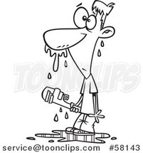 Cartoon Outline of Guy Covered in Water After Trying to Fix a Plumbing Problem Himself by Toonaday