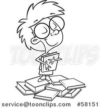 Cartoon Outline of Girl Hugging a Book on a Pile by Toonaday