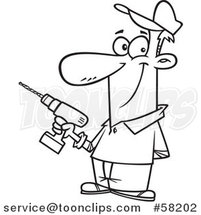 Cartoon Outline of Handyman Holding a Cordless Drill by Toonaday
