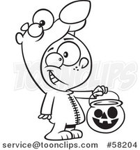 Cartoon Outline of Boy in a Bear Halloween Costume, Holding out a Trick or Treat Pumpkin Bucket by Toonaday