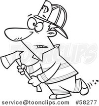 Cartoon Outline of Fire Fighter Holding an Axe by Toonaday