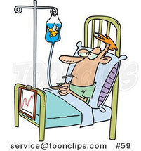 Cartoon Hospital Patient in a Bed, a Fish in His IV Container by Toonaday