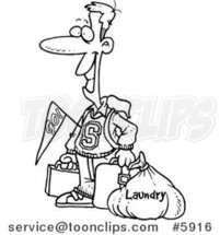 Cartoon Black and White Line Drawing of a College Boy Returning Home with Dirty Laundry by Toonaday