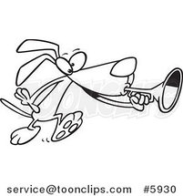 Cartoon Black and White Line Drawing of a Dog Playing a Horn by Toonaday