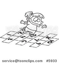 Cartoon Black and White Line Drawing of a Girl Playing Hop Scotch by Toonaday