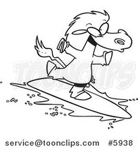 Cartoon Black and White Line Drawing of a Surfing Horse by Toonaday