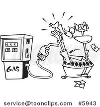 Cartoon Black and White Line Drawing of a Gas Pump Holding up a Customer by Toonaday