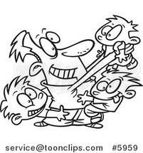 Cartoon Black and White Line Drawing of a Dad Horse Playing with His Boys by Toonaday