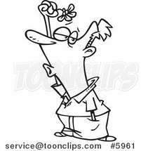 Cartoon Black and White Line Drawing of a Hopeful Guy Holding Mistletoe over His Head by Toonaday