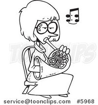 Cartoon Black and White Line Drawing of a Lady Playing a French Horn by Toonaday