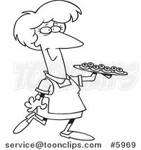 Cartoon Black and White Line Drawing of a Lady Serving Finger Foods by Toonaday