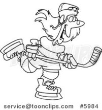 Cartoon Black and White Line Drawing of a Female Hockey Player by Toonaday