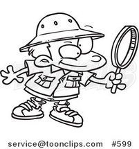 Line Art of a Cartoon Archaeology Boy Using a Magnifying Glass by Toonaday