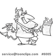 Cartoon Black and White Line Drawing of a Devil Holding a Hot Contract by Toonaday