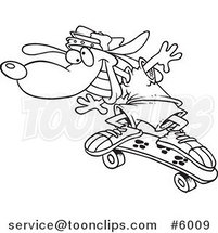 Cartoon Black and White Line Drawing of a Skateboarding Dog by Toonaday