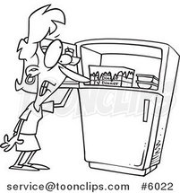 Cartoon Black and White Line Drawing of a Lady Standing by a Freezer During a Hot Flash by Toonaday