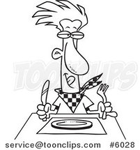 Cartoon Black and White Line Drawing of a Hungry Guy Waiting for His Dinner by Toonaday