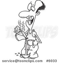 Cartoon Black and White Line Drawing of a Black Guy Pouring Hot Coffee on His Feet by Toonaday