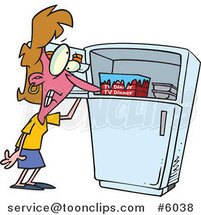 Cartoon Lady Standing by a Freezer During a Hot Flash by Toonaday