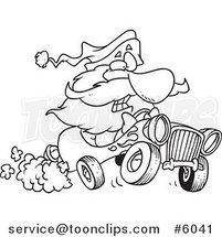 Cartoon Black and White Line Drawing of Santa Driving a Hot Rod by Toonaday