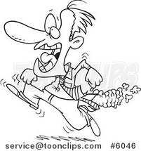 Cartoon Black and White Line Drawing of a Guy Running with a Fiery Butt by Toonaday