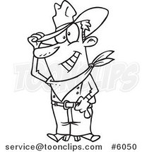 Cartoon Black and White Line Drawing of a Friendly Cowboy Tipping His Hat by Toonaday