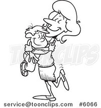 Cartoon Black and White Line Drawing of a Mom Hugging Her Son by Toonaday