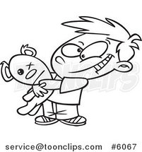 Cartoon Black and White Line Drawing of a Boy Hugging His Mangled Teddy Bear by Toonaday
