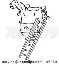 Cartoon Black and White Line Drawing of a Painter Climbing a Ladder by Toonaday