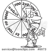 Cartoon Black and White Line Drawing of a Game Show Host with a Wheel by Toonaday