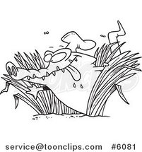 Cartoon Black and White Line Drawing of a Hungry Chef Gator in Grasses by Toonaday