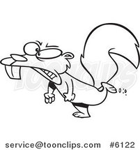 Cartoon Black and White Line Drawing of a Mad Squirrel Stomping by Toonaday