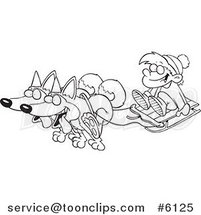 Cartoon Black and White Line Drawing of Huskies Pulling a Boy on a Sled by Toonaday