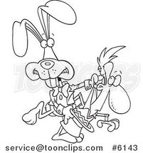 Cartoon Black and White Line Drawing of a Magician Rabbit Pulling a Guy out of a Hat by Toonaday