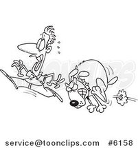 Cartoon Black and White Line Drawing of a Guy Running from a Mad Dog by Toonaday