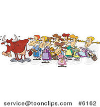 Cartoon Cow with Eight Milking Maids by Toonaday
