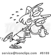 Cartoon Black and White Line Drawing of a Female Marathon Runner Sucking up Water by Toonaday