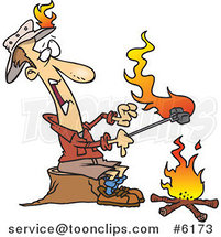 Cartoon Guy Roasting Marshmallows and Catching His Hat on Fire by Toonaday