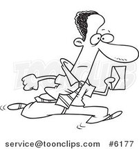 Cartoon Black and White Line Drawing of a Black Business Man Running with an Envelope by Toonaday