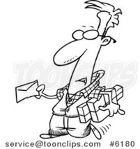 Cartoon Black and White Line Drawing of a Guy Mailing a Letter and Parcels by Toonaday