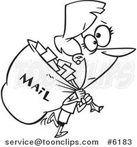 Cartoon Black and White Line Drawing of a Mail Lady Carrying a Big Bag by Toonaday