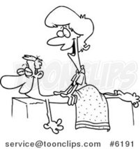 Cartoon Black and White Line Drawing of a Friendly Female Massage Therapist Massaging a Patient by Toonaday