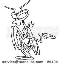 Cartoon Black and White Line Drawing of a Hungry Praying Mantis Holding out a Plate by Toonaday