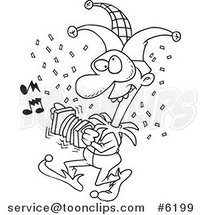 Cartoon Black and White Line Drawing of a Mardi Gras Jester by Toonaday
