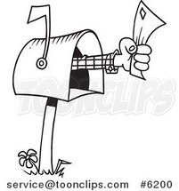 Cartoon Black and White Line Drawing of a Hand Holding a Letter out of a Mailbox by Toonaday