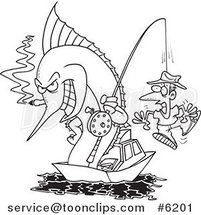 Cartoon Black and White Line Drawing of a Fishing Marlin with a Guy on a Hook by Toonaday