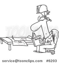 Cartoon Black and White Line Drawing of an Engineer Reading a Manual by Blue Prints by Toonaday